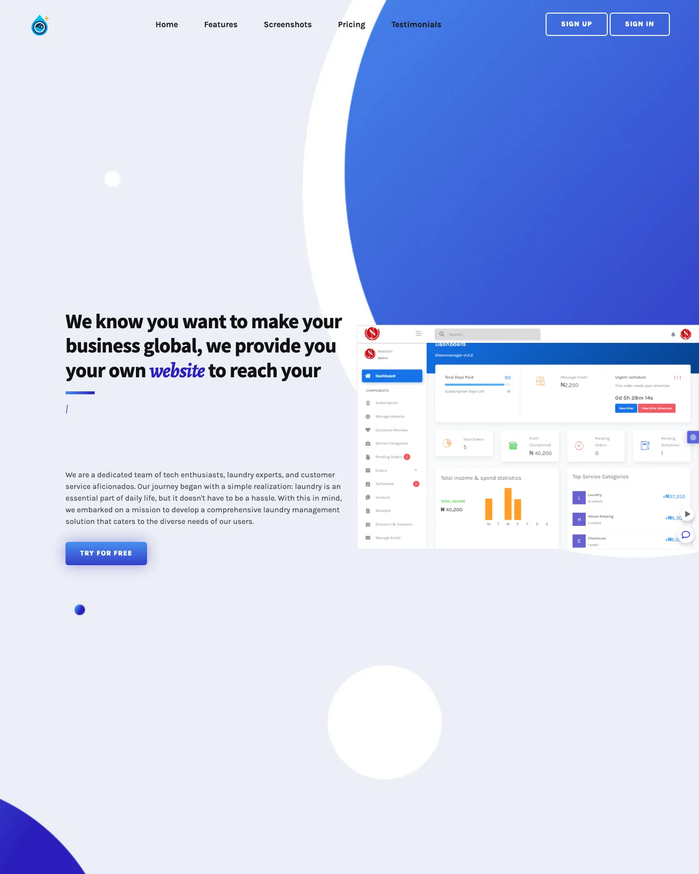 KleanManager live website homepage showing its dashboard